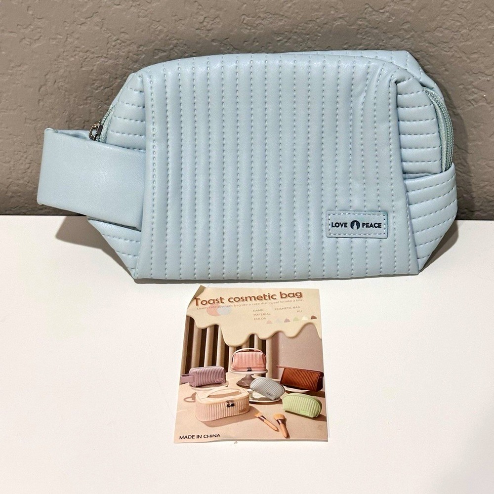 LOVE PEACE Blue Quilted Zipper Makeup Bag Wrist Strap